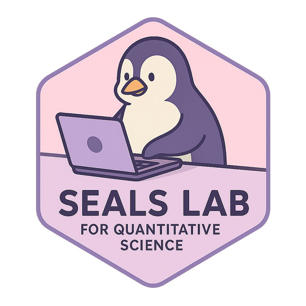 Seals Lab hex logo with penguin at a laptop